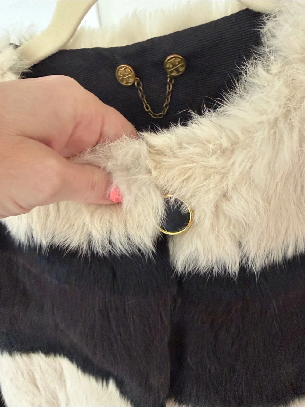 Tory Burch Women's Black and Cream Striped Rabbit Fur Coat